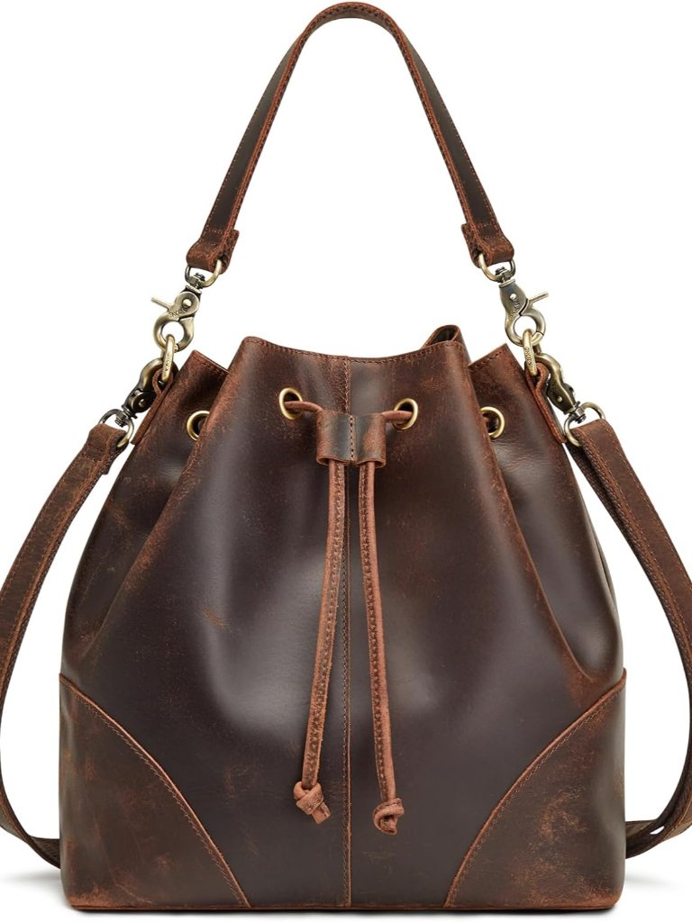 Genuine Leather Bucket Bags For Women Drawstring Crossbody Purses Shoulder Top H